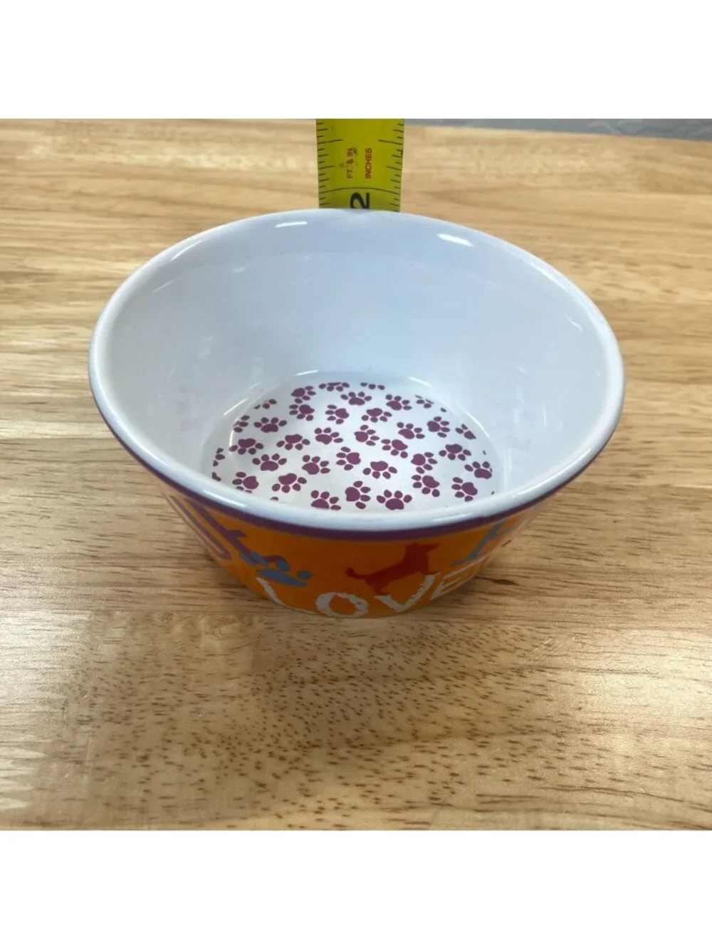 Vibrant Life Ceramic Paw Print Live Love Dog Bowl Feeder Orange